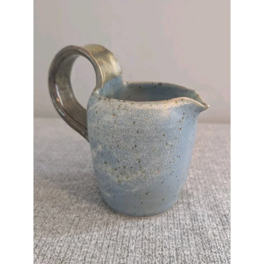 Speckled Blue/Green Pottery Pitcher with Salt Glaze, Handmade & Signed, 14cm/5" - Picture 2 of 5